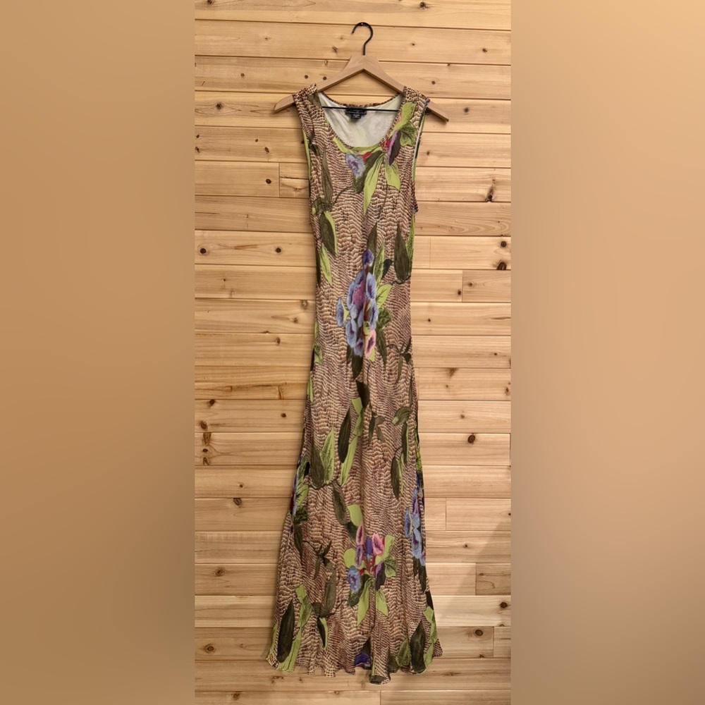 Vintage Nostalgia Size Large Rustic Floral Alligator Print Slinky Maxi Dress